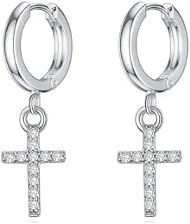 Sterling Silver Diamond Cross Dangle Earrings with Lab-Grown Diamonds, Huggie Cross Drop Design - Chic Jewelry Gift for Women and Girls