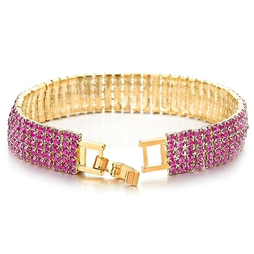 Sparkling Red Purple Crystal Rhinestones Cluster Wide Gold Color Bangle Bracelet for Womens