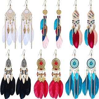 6 Pairs Women Faux Feather Earrings Dream Catcher Earring Bohemian Fringe Tassel Long Drop Dangle Earrings Set with Design for Women