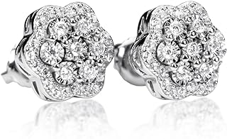 Men's Women's Round 925 Sterling Silver White Gold Plating Large Iced 5A Cz Flower Cluster Miracle Set Trendy Big Hip Hop Unisex Circle Cubic Zirconia Ice Out Hypoallergenic Screw Back Stud Earrings