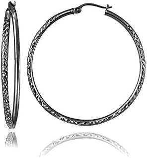Hoops & Loops Black Flashed 925 Sterling Silver Diamond-Cut Click-Top Round Hoop Earrings for Women & Teen Girls, Sizes 15mm-50mm