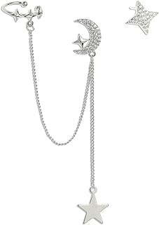 Sonateomber Star Moon Dangle Ear Cuff Earrings for Women – Cute Small Angel Star Asymmetrical Stud long Chain tassel Drop Dangling Cartilage Crawler Wrap Jewelry Gifts