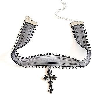 Elegant Goth-Style Black Choker Necklace for Women and Girls with Adjustable Velvet and Lace Chain - Versatile Cosplay Jewelry with Unique Halloween Cross Pendant Design