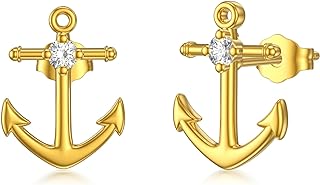 14k Solid Yellow Gold Anchor Stud Earrings with Cubic Zirconia for Women, Stylish Nautical Design, Ideal for Moms, Wives, Girlfriends, Daughters