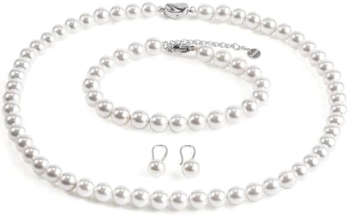 AOOVOO Pearl Necklace Set for Women Girls, 8mm Round Shell Pearl Includes Stunning Bracelet and Dangle Earrings 3 Piece Jewelry, Birthday Christmas Gift for Mom Wife Sister Best Friend, Gift Box