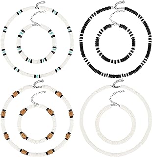 Yinkin 8 Pcs Puka Shell Beads Necklace and Bracelet Set 4 Pcs Summer Seashell Necklaces Adjustable Surfer Chokers 4 Pcs Shell Bracelet for Men Women Beach