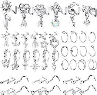 Trnayi 48 Pcs Stainless Steel Dangle Nose Ring L Shaped Nose Rings Studs Indian Nose Rings Hoops Cute Nose Piercing Jewelry with Charms for Women Girls