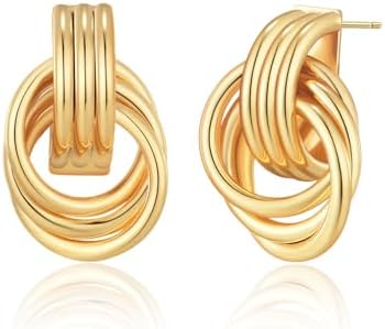 MOROTOLE Chunky Gold Earrings, Vintage Trendy 18K Plated Gold Dangle Drop Statement Earrings for Women Hypoallergenic Geometric Long Twisted Link Knot Earring Chunky Gold Jewelry Gifts for Women