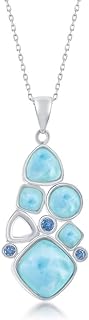 Beaux Bijoux Multi-Shaped Caribbean Natural Larimar Gemstone and Blue Cubic Zirconia Sterling Silver Pendant 18’’ Necklace Jewelry for Women or Teens