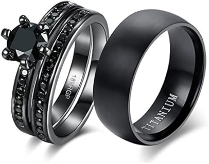 LOVERSRING Couple Ring Bridal Sets His Hers Women 18k Black Gold Plated Cz Men Titanium Wedding Ring Band Set