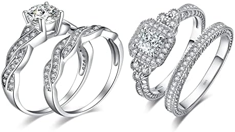 JewelryPalace Wedding Bands Engagement Rings for Women, 14K Gold Plated 925 Sterling Silver Cubic Zirconia Promise Rings for Her, Vintage Anniversary 2ct Princess Cut Halo Simulated Diamond Ring Set