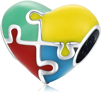 925 Sterling Silver Autism Awareness Puzzle Charm Beaded Bracelet with Love & Heart Charms for Loved Ones