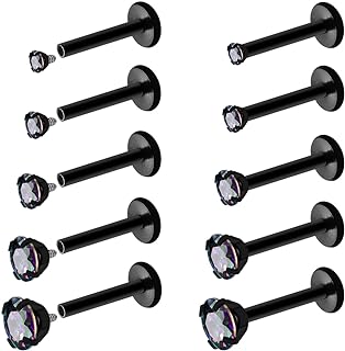 16G 18G Internally Threaded Nose Studs Rings Surgical Steel CZ Cartilage Labret Monroe Piercing Studs Jewelry for Tragus, Conch, Helix, Earlobe - Black Nose Ring for Women Men 2mm 3mm 4mm 5mm 6mm