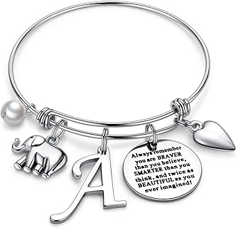 Stainless Steel Engraved Bracelet with Lobster Claw Clasp and Box Chain, Elephant and Lotus Heart Charm Design for Women, M MOOHAM Initial Series