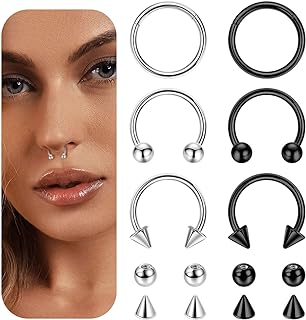 Masedy 6PCS 14G 16G 18G 20G Surgical Steel Septum Nose Rings Cartilage Helix Tragus Earring Hoops for Men Women Hinged Clicker Nose Hoops Daith Conch Horseshoe Earrings Lip Rings Smily Piercing 6-12mm