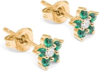 Charme de Vie Flower Earrings for Women 14K Tiny Gold Plated Studs with Mini Emerald Green Ruby Red Cubic Zirconia Diamond Cluster
