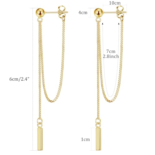 925 Sterling Silver Chain Earrings for Women 14K Gold Plated Chain Dangle Bar Earrings Hypoallergenic Stud Earrings with Drop Tassel Chain for Teen Girls