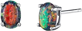 Peora Solid 14K White Gold Created Black Fire Opal Earrings for Women, Classic Solitaire Studs, 7x5mm Oval Shape, 1 Carat total, Friction Back