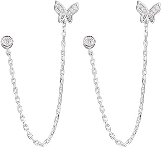 Double Holes Butterfly Halo CZ Small Stud Cuff Wrap Tassel Chain Crawler Climer Dangle Drop Earrings for Women Teen Girls Cartilage S925 Sterling Silver Piercing Animal Jewelry Gifts Daughter Sister