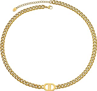 Womens 18K Real Gold Plated Initial Necklace Choker with Double D Letter, 6mm 316L Stainless Steel Diamond-Cut Curb Cuban Link Chain(Custom Box and Pouch Packing for Gift)