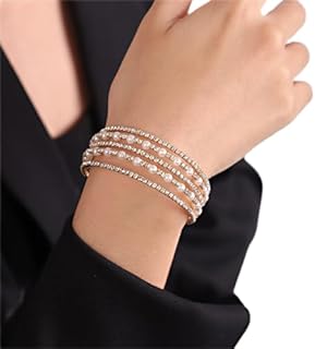 YERTTER Multi Row Layered Glitter Bracelets Faux Pearl Bracelet Stretch Tennis Chain Rhinestone Adjustable Band Cuff Elastic Bangle 1920s Bridal Body Jewelry Accessories for Women and Girls Wedding