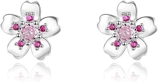 Lever-back Cherry Blossom Stud Earrings in S999 Sterling Silver with Pink Cubic Zirconia for Women and Girls - Hypoallergenic, Dainty Design