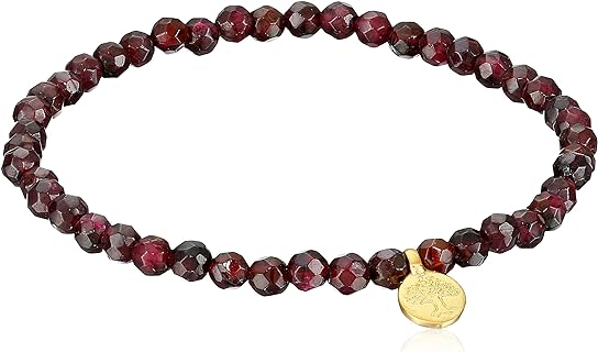 Satya Jewelry 4mm Red Garnet and 18K Yellow Gold Plated Tree of Life Charm Stretch Women's Bracelet, 7"