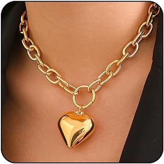 Gold & Silver Link Chain Heart Pendant Necklace featuring Chic Pearls for Fashion-Forward Women - Chunky Trendy Design