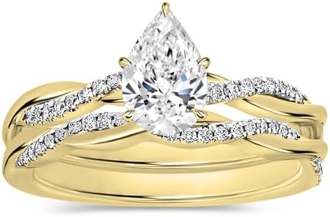 0.25-2.00 Carat Center Pear & Round Lab Grown White Diamond Solitaire Twisted Wedding Ring Set for Women in 10K Solid Gold