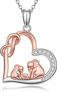Lobster Clasp 925 Sterling Silver Elephant Pendant Necklace with Cubic Zirconia for Women, Heart Shaped Mother-Child Design