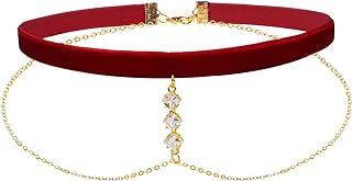Black Velvet Double-Layer Choker Necklace with White Crystal Embellishments and Gold Chain - Fashion Accessory for Women