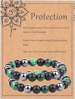 2Pcs Black Obsidian Hematite Triple Protection Beaded Bracelet with Rope Chain and Spring Ring Clasp - 10mm Stone Beads Jewelry for Men. Includes Velvet Gift Bag