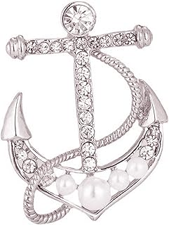 Pearl Boat Anchor Brooch, Premium Fashionable Temperament Imitation Decoration Pins,Rhinestone Cross Anchor Corsage,Clothing and Accessories Crystal Ornaments (Silver)