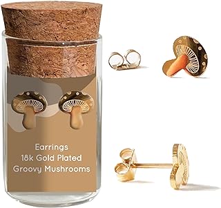 Plant Dosage Groovy Mushroom Stud Earrings – Whimsical Nature-inspired Jewelry – Stainless Steel – 18k Gold – 18k Rose-Gold Plated – Cute Glass Jar Packaging – Plastic-Free