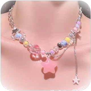 Colorful Beaded Necklace for Women Sweet Summer Acrylic Colorful Beaded Choker Necklace Star Cherry Candy Bead Tassel Necklace Jewelry Gift for Women Girls