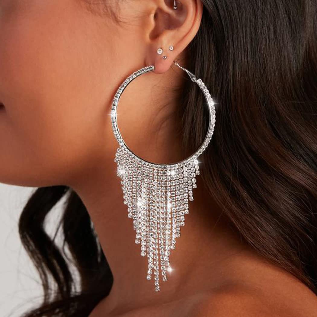 Push Back Iridescent BriLove Floral Scroll Chandelier Dangle Earrings for Women - Wedding Bridal Crystal Accessory