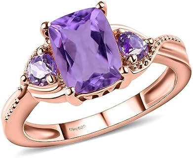 Women's 14K Rose Gold Plated Silver Promise Engagement Ring with Purple Amethyst Gem, Elegant Three-stone Design