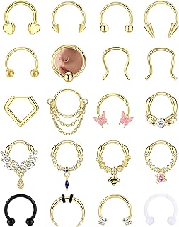 BESTEEL 20Pcs Gold Septum Rings 16G Small Septum Jewelry Surgical Steel Septum Clicker Dangle Nose Rings Hoops for Women Men Cute Star Bee CZ Heart Butterfly Chain Septum Rings Horseshoe Septum Piercing Jewelry 10MM