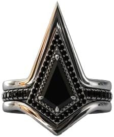 1 CT Vintage Kite Shaped Black Onyx Engagement Ring Set Antique Black Onyx Wedding Ring Set Art Deco Black Onyx Bridal Rings Set Anniversary Ring