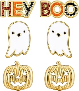3 Pairs Halloween Earring for Women, Small Pumpkin Ghost Earrings Hey Boo Stud Earrings Set for Women Gift