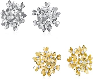 CZ Floral Design, Rhodium-plated Cubic Zirconia Clip-On Earrings with Gemstone Metal and Comfortable Clip-On Backs - Perfect for Non-Pierced Ears