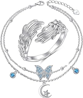 Chic Angel Wing Cubic Zirconia Anklet with Blue Butterfly, Moon, and Star Design for Women by Ladytree - Size 8