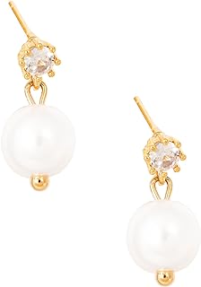 Dainty Pearl Drop Earrings for Women, 18K Gold Plated Hypoallergenic Stud Earrings with Cubic Zirconia, Gift for Her