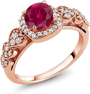 Women's Elegant 18K Rose Gold Plated Silver Round Red Created Ruby and Zirconia Ring by Gem Stone King - Available in Sizes 5-9