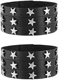 2 PCS Star Stud Leather Bracelet with Buckle Clasp and Rope Chain - Rugged Rock and Roll Pentagram Leather Wristband Set