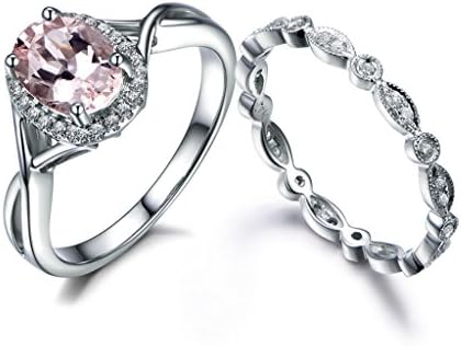 2pcs Wedding Ring Set,6x8mm Oval Pink Morganite Halo Art Deco Engagement Ring 14k White Gold Diamond Band