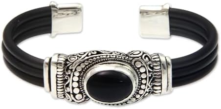 NOVICA Artisan Handmade Onyx Cuff Bracelet Sterling Silver Rubber Black Indonesia Birthstone [6.25 in L (end to End) x 0.4 in W] ' Royal Splendor'