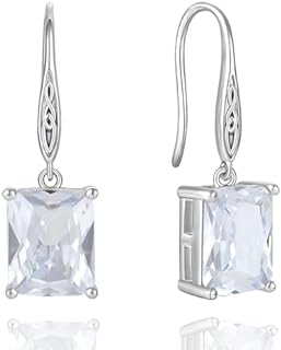 Cubic Zirconia Rectangle Cut Earrings 925 Sterling Silver Celtic Knot Hook Dangle Earring 8X10mm Solitaire Gemstone Birthstone Irish Jewelry Valentine's Day Gift for Wife Girlfriend Women