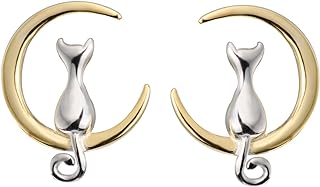 S.Leaf Gold-Plated Silver Cat & Moon Stud Earrings with Push Back Design - Perfect Gifts for Cat Lovers