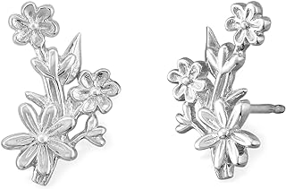 Boma Sterling Silver Crawler Stud Earrings with Ear-Wire Back Finding, Exquisitely Designed Blooming Flower Bouquet Finish